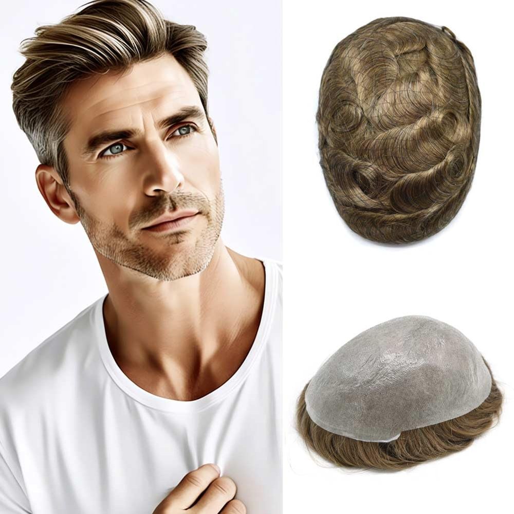 Toupee For Men Real Human Hair Ultra Thin Skin Hair System Replacement For Men Invisible Base 0.04mm V-loop Natural Hairline Mens Hair Pieces 8x10''-90% light density, 1810