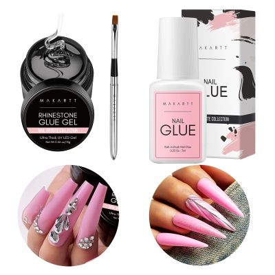 Makartt Nail Rhinestone Glue Gel with Brush Pen Set, 15ml Clear Nail Gem Glue Gel Bundle with Makartt Super Strong Nail Glue for Press On Nails with Brush