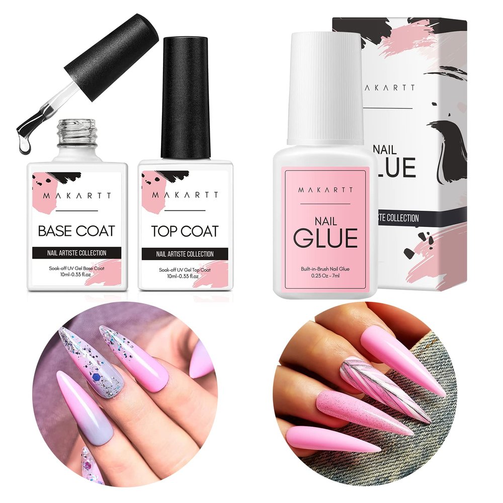 Makartt 2pcs No Wipe Gel Top Coat and Base Coat Kit, Soak off UV LED Gel Base and Top Coat Bundle Super Strong Nail Glue for Press On Nails with Brush