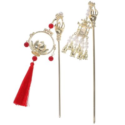 2 Pcs Vintage Hairpin Hair Clips Chinese Flower Tassel Headpieces For Women Girls, Ponytail Updo Bun For Thin Thick Hair