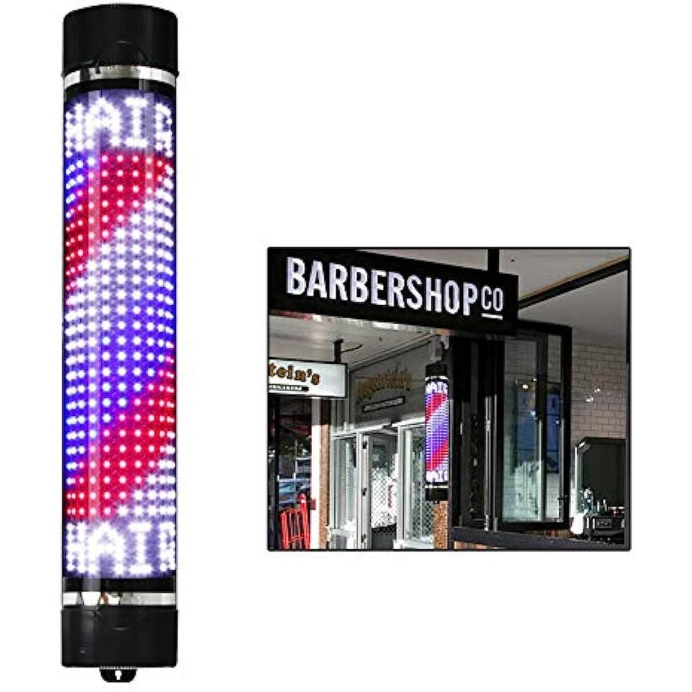 90CM/35'' LED Barber Pole Retro Light Red White Blue Waterproof Rotating Illuminated Stripes Wall-Mounted Lamp Rome Style Hair Salon Barber Hairdressing Sign