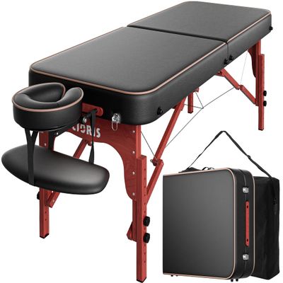 CLORIS 84" Professional Massage Table Portable Reinforced Wooden Leg Hold Up to 1100LBS 2 Folding Lightweight Spa Salon Tattoo Massage Bed Height Adjustable with Carrying Bag - Black