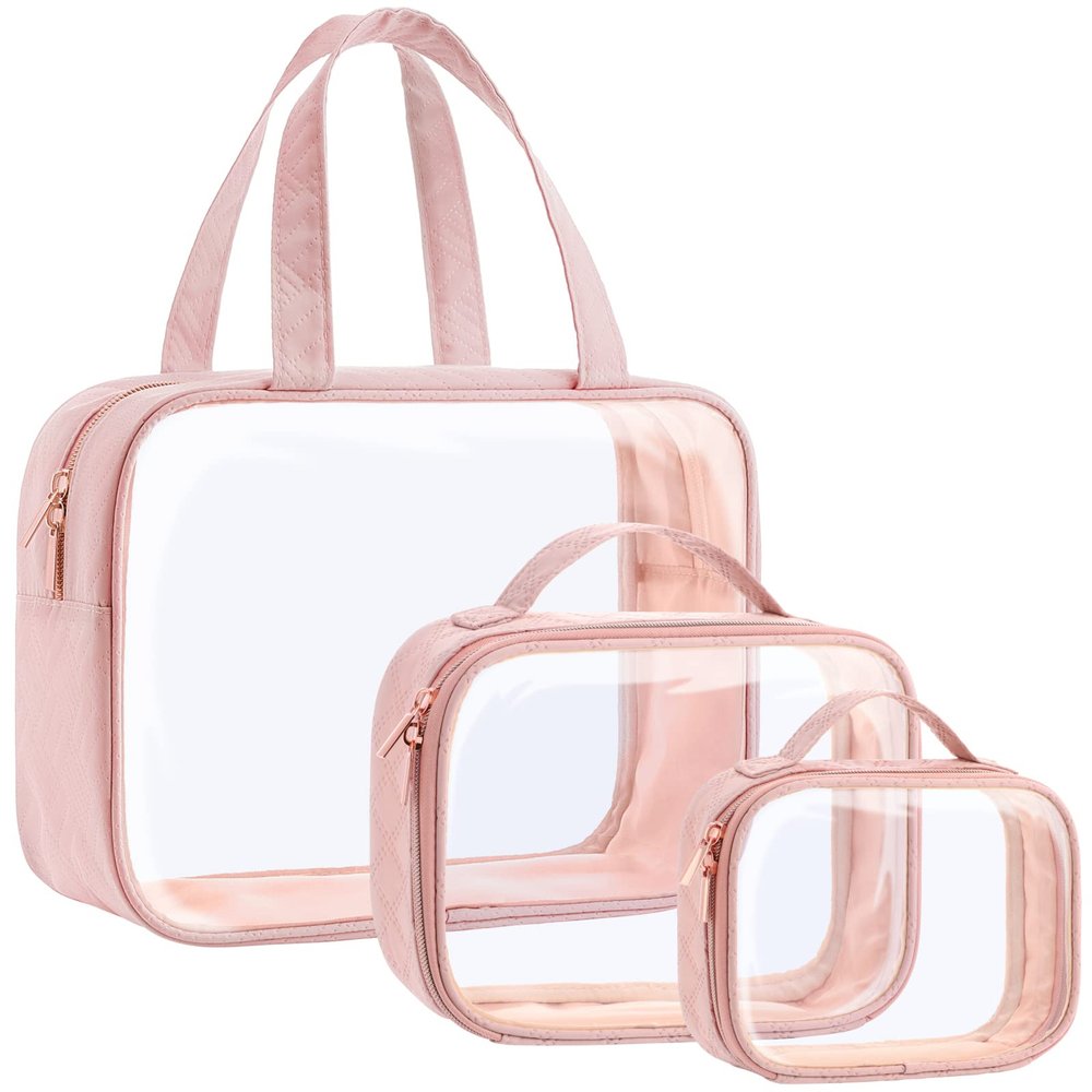PACKISM Clear Toiletry Bags 1 Extra Large 1 Large 1 Medium, 3 Pack Clear Makeup Bags with Handle Large Opening, Waterproof Cosmetic Bags Fit Carry-on Travel Essentials, Travel Bags, Pink