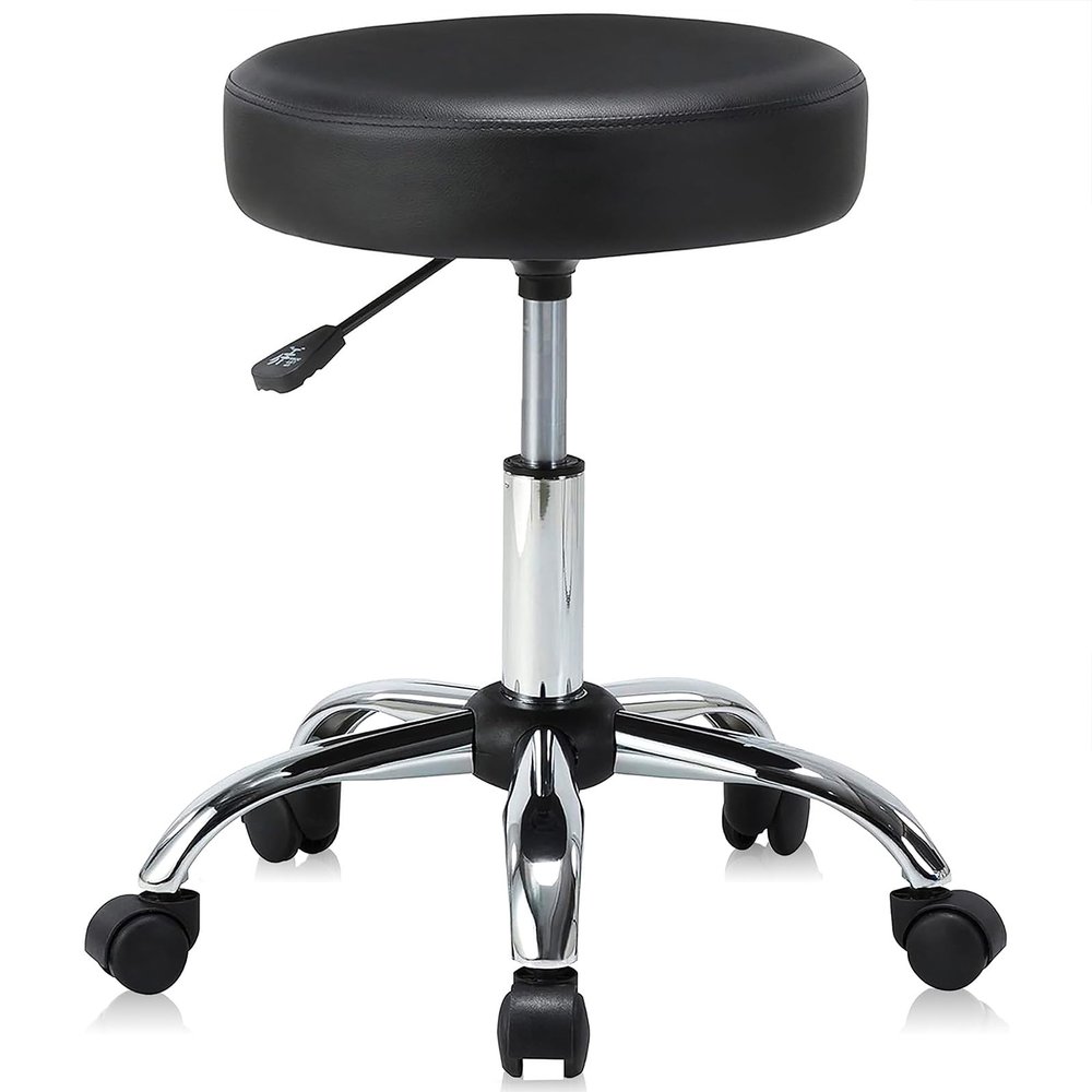 KLASIKA Adjustable Hydraulic Rolling Swivel Stool Chair with Cushion and Wheels, PU Leather Rotating Stool Chair for Office Salon Tattoo Massage Facial Spa, Black (1PK)