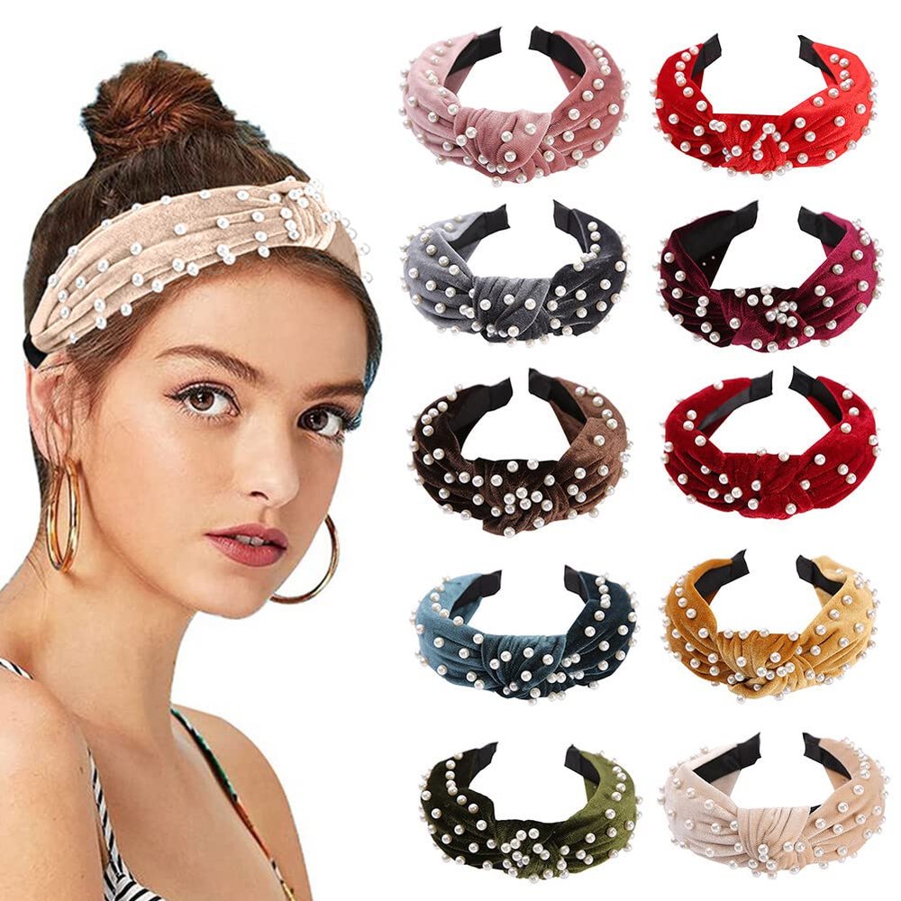 10PCS Womens Headbands Knotted Head Bands Pearl Hairband for Women Girls Wide Top Knot Turban Hair Bands Hair Hoops