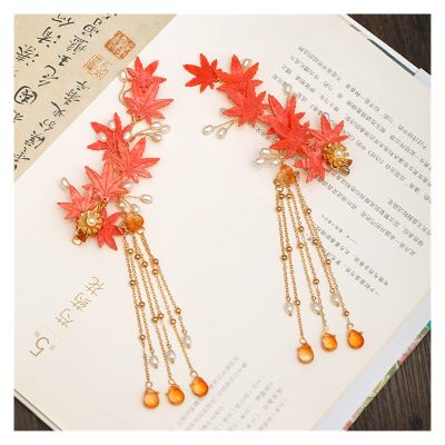 1pair Chinese Hanfu Hair Accessories Red Flower Hairpins Vintage Dress Headwear Long Butterfly Tassels Hair Clip Noiva Jewelry (Color : 10)