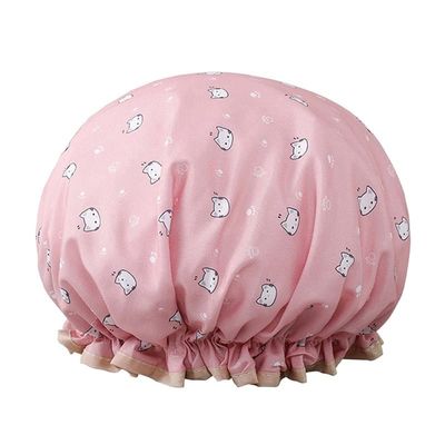 Double Layer Shower Cap Waterproof Ladies Kitchen Waterproof Smokeproof Waterproof Bathing Adult Women Shampoo Cap Fluffy Flash (Color : Pink CAT1)