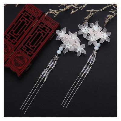 1pair Chinese Hanfu Hair Accessories Red Flower Hairpins Vintage Dress Headwear Long Butterfly Tassels Hair Clip Noiva Jewelry (Color : 14)