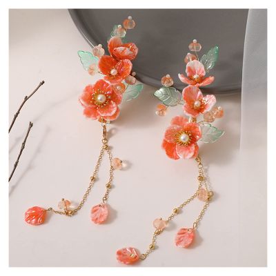 1pair Chinese Hanfu Hair Accessories Red Flower Hairpins Vintage Dress Headwear Long Butterfly Tassels Hair Clip Noiva Jewelry (Color : 5)