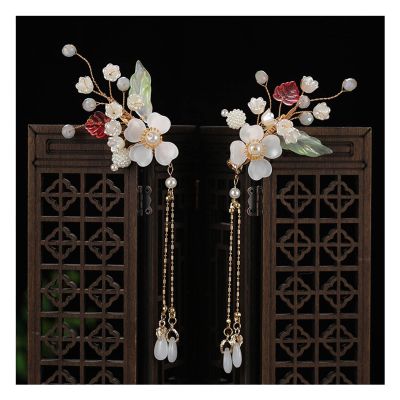 1pair Chinese Hanfu Hair Accessories Red Flower Hairpins Vintage Dress Headwear Long Butterfly Tassels Hair Clip Noiva Jewelry (Color : 23)