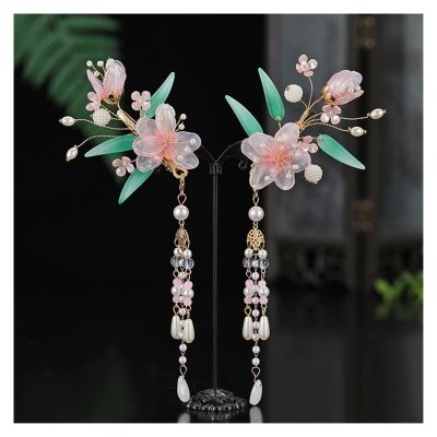 1pair Chinese Hanfu Hair Accessories Red Flower Hairpins Vintage Dress Headwear Long Butterfly Tassels Hair Clip Noiva Jewelry (Color : 16)