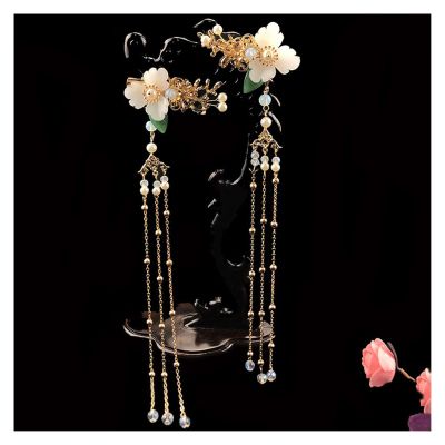 1pair Chinese Hanfu Hair Accessories Red Flower Hairpins Vintage Dress Headwear Long Butterfly Tassels Hair Clip Noiva Jewelry (Color : 21)