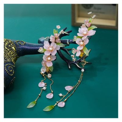 1pair Chinese Hanfu Hair Accessories Red Flower Hairpins Vintage Dress Headwear Long Butterfly Tassels Hair Clip Noiva Jewelry (Color : 28)