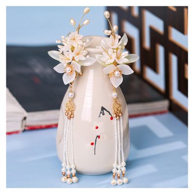1pair Chinese Hanfu Hair Accessories Red Flower Hairpins Vintage Dress Headwear Long Butterfly Tassels Hair Clip Noiva Jewelry (Color : 18)
