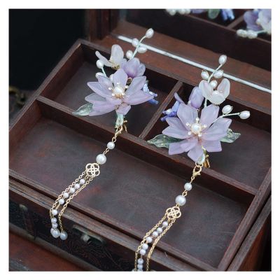 1pair Chinese Hanfu Hair Accessories Red Flower Hairpins Vintage Dress Headwear Long Butterfly Tassels Hair Clip Noiva Jewelry (Color : 26)