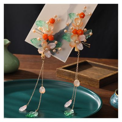 1pair Chinese Hanfu Hair Accessories Red Flower Hairpins Vintage Dress Headwear Long Butterfly Tassels Hair Clip Noiva Jewelry (Color : 22)