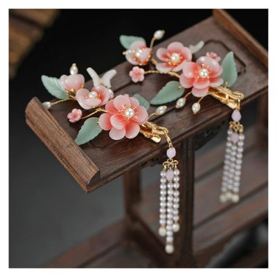 1pair Chinese Hanfu Hair Accessories Red Flower Hairpins Vintage Dress Headwear Long Butterfly Tassels Hair Clip Noiva Jewelry (Color : 15)
