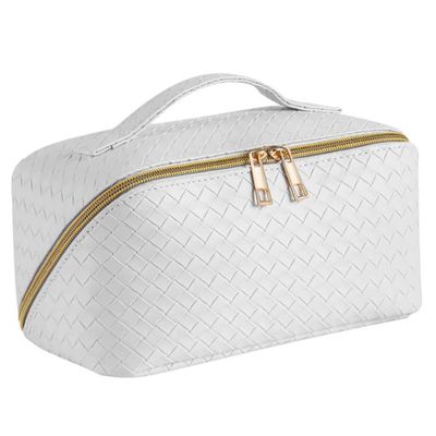PITIKI Portable TOILETRY BAG cosmetic bag with woven pattern makeup bag, advanced simple and checkered large-capacity storage bag (WHITE)