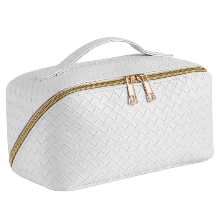 PITIKI Portable TOILETRY BAG cosmetic bag with woven pattern makeup bag, advanced simple and checkered large-capacity storage bag (WHITE)