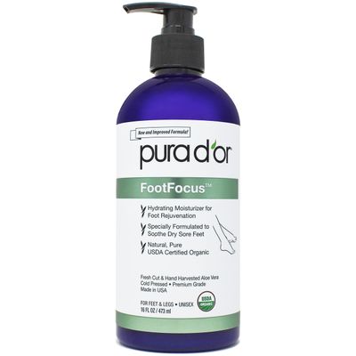 PURA D'OR 16 Oz FootFocus Organic Aloe Vera Gel For Severe Cracked Heel Repair Foot Care Products - Soothes Sore Feet Extra Strength Feet Care - Vitamin E, Peppermint, Tea Tree & Eucalyptus Oil