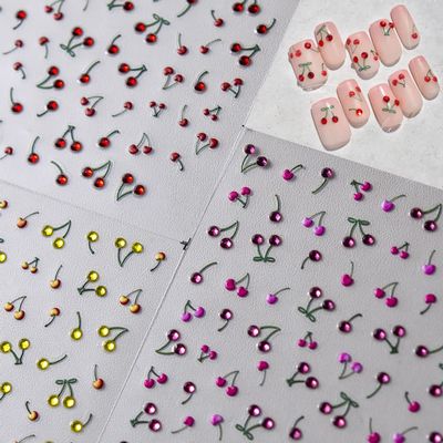 Nail Art Stickers 5D Relief Decals Summer Shiny Diamonds Cherry Sticker for Salon DIY Acrylic Nail Design (Cute)