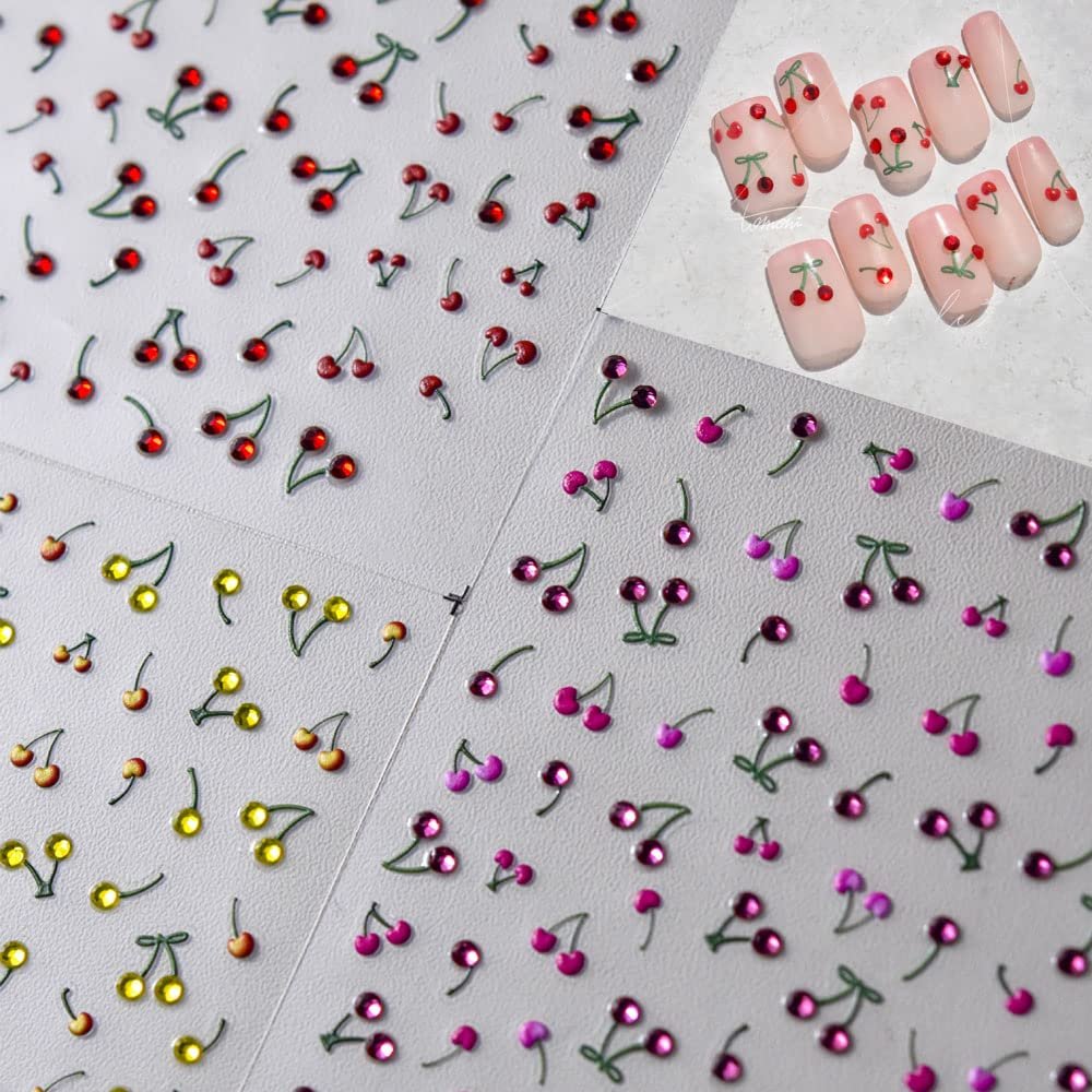 Nail Art Stickers 5D Relief Decals Summer Shiny Diamonds Cherry Sticker for Salon DIY Acrylic Nail Design (Cute)