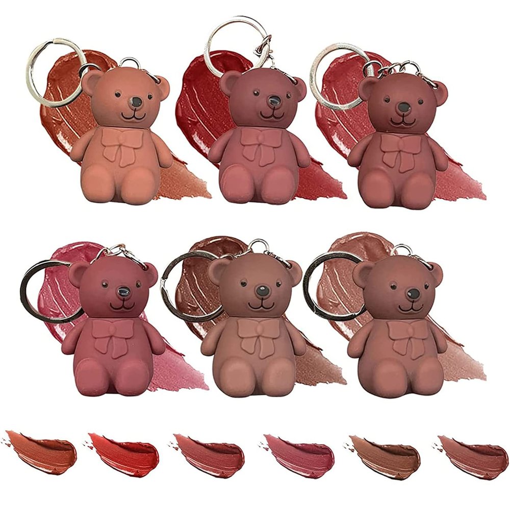 Assote 2 in 1 Key Chain Bear Lipstick, Keychain Bear Lipsticks, Mist Matte Velvet Lipstick, Cute Bear Beauty Makeup, Waterproof Long Lasting Bear Lip Gloss with Keychain (6 Colors)
