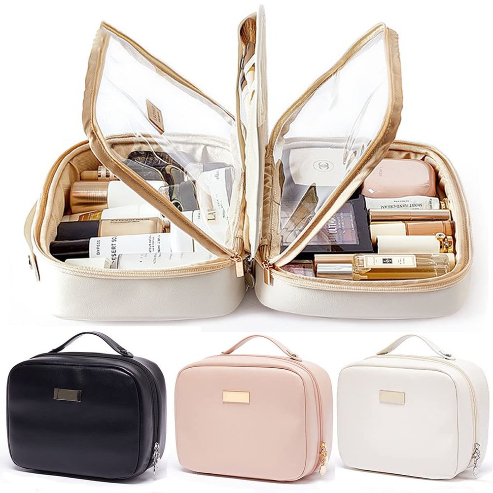 OLBUPS Portable Large Capacity Cosmetic Bag, Skincare Products, Makeup Brush Storage Bag, Double Layer Makeup Bag (White)