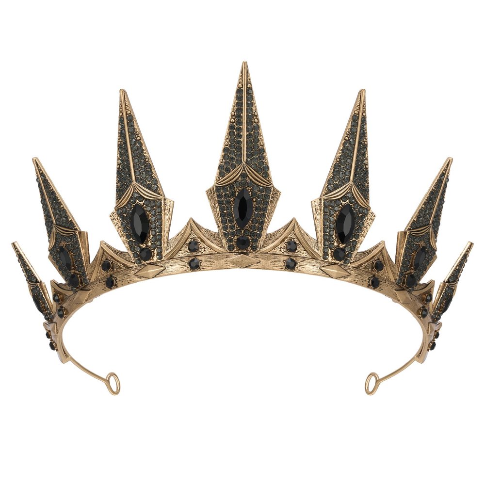 SWEETV Gothic Crowns for Women Black Tiara Queen Crown Witch Hair Accessories for Costume Halloween Prom Party, Gold