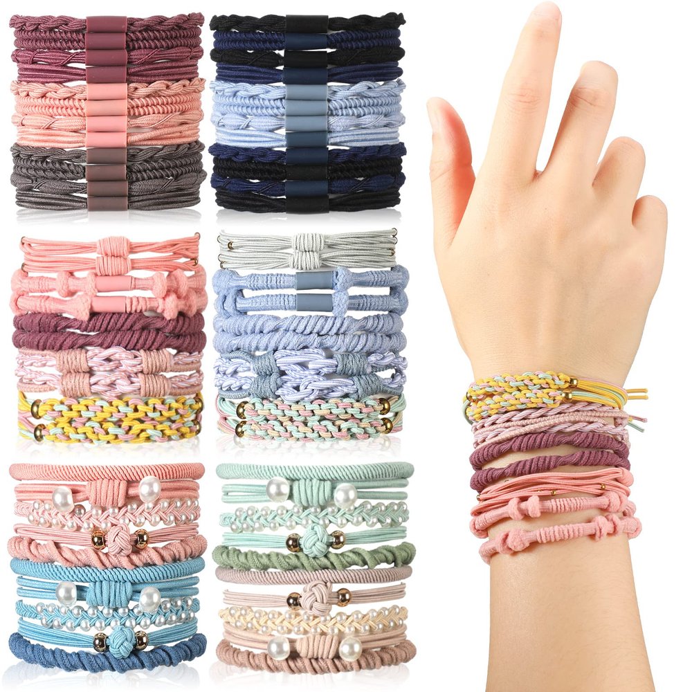 60 Pcs Boho Hair Ties Bracelets 10 Styles Cute Bands & Bracelets for Girls with Thick and Thin Hair, No Damage Elastic Accessories for Girls and Women(Lovely Colors)