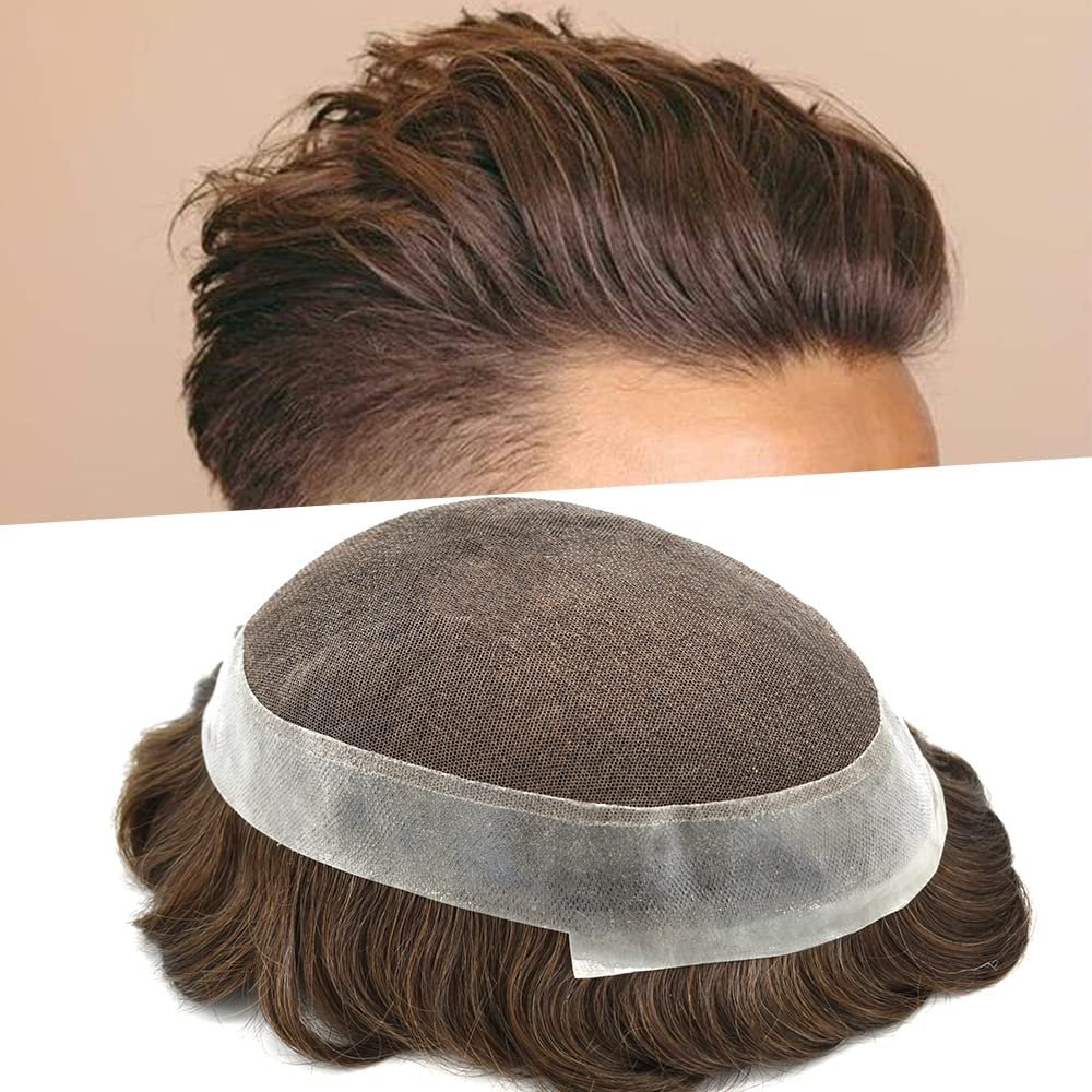 Toupee For Men Hair System European Human Hair Pieces French Lace Mens Toupee Poly Skin Around Hair Replacement System Natural Hairline Gray Hair Units For Men US Stock. (7X9"-120% Medium light to medium density, 4# Medium Brown)