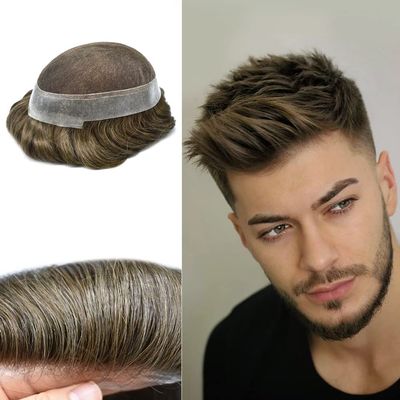 Toupee For Men Hair System European Human Hair Pieces French Lace Mens Toupee Poly Skin Around Hair Replacement System Natural Hairline Gray Hair Units For Men US Stock. (7X9"-120% Medium light to medium density, 620# Light Brown with 20% Synthetic G