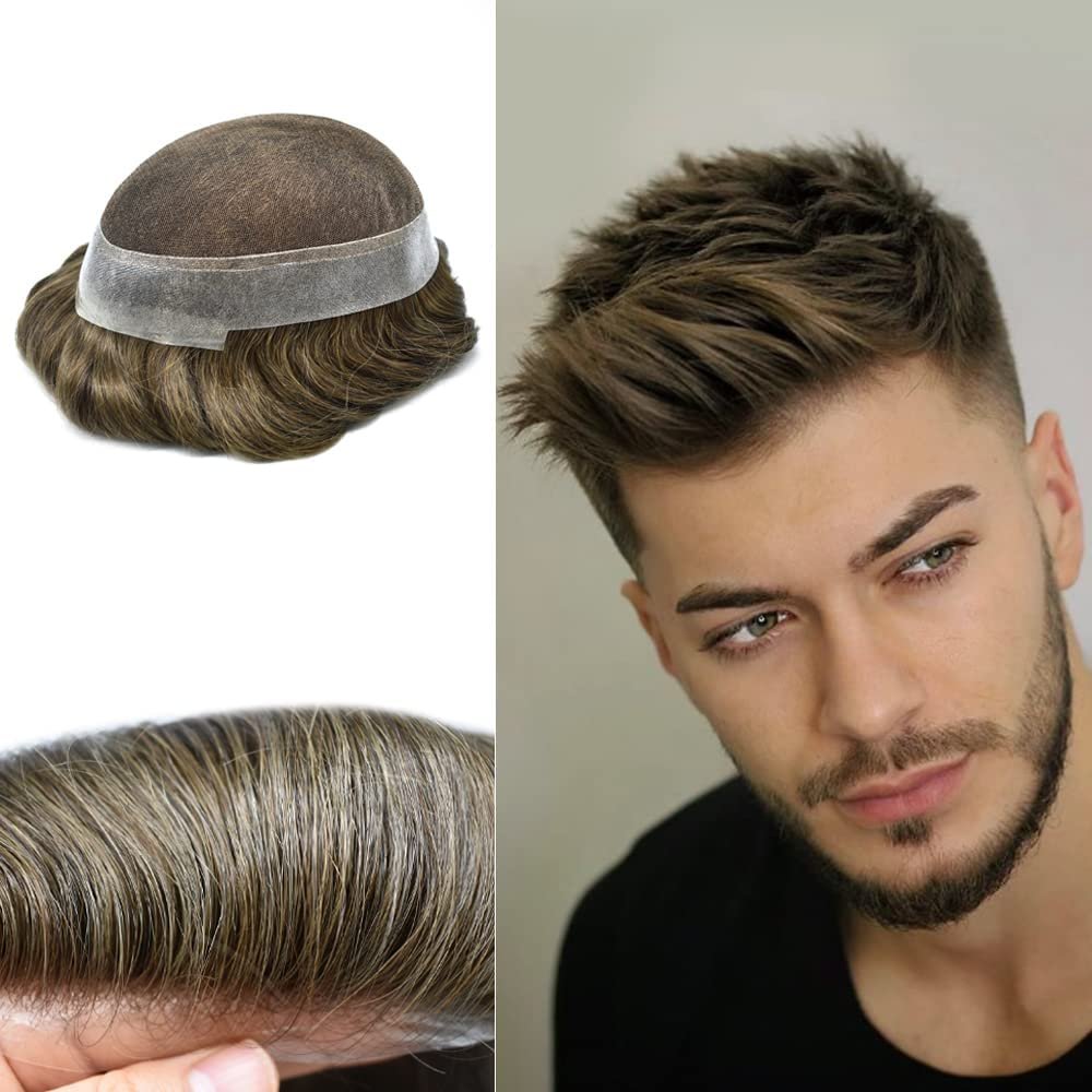 Toupee For Men Hair System European Human Hair Pieces French Lace Mens Toupee Poly Skin Around Hair Replacement System Natural Hairline Gray Hair Units For Men US Stock. (7X9"-120% Medium light to medium density, 620# Light Brown with 20% Synthetic G