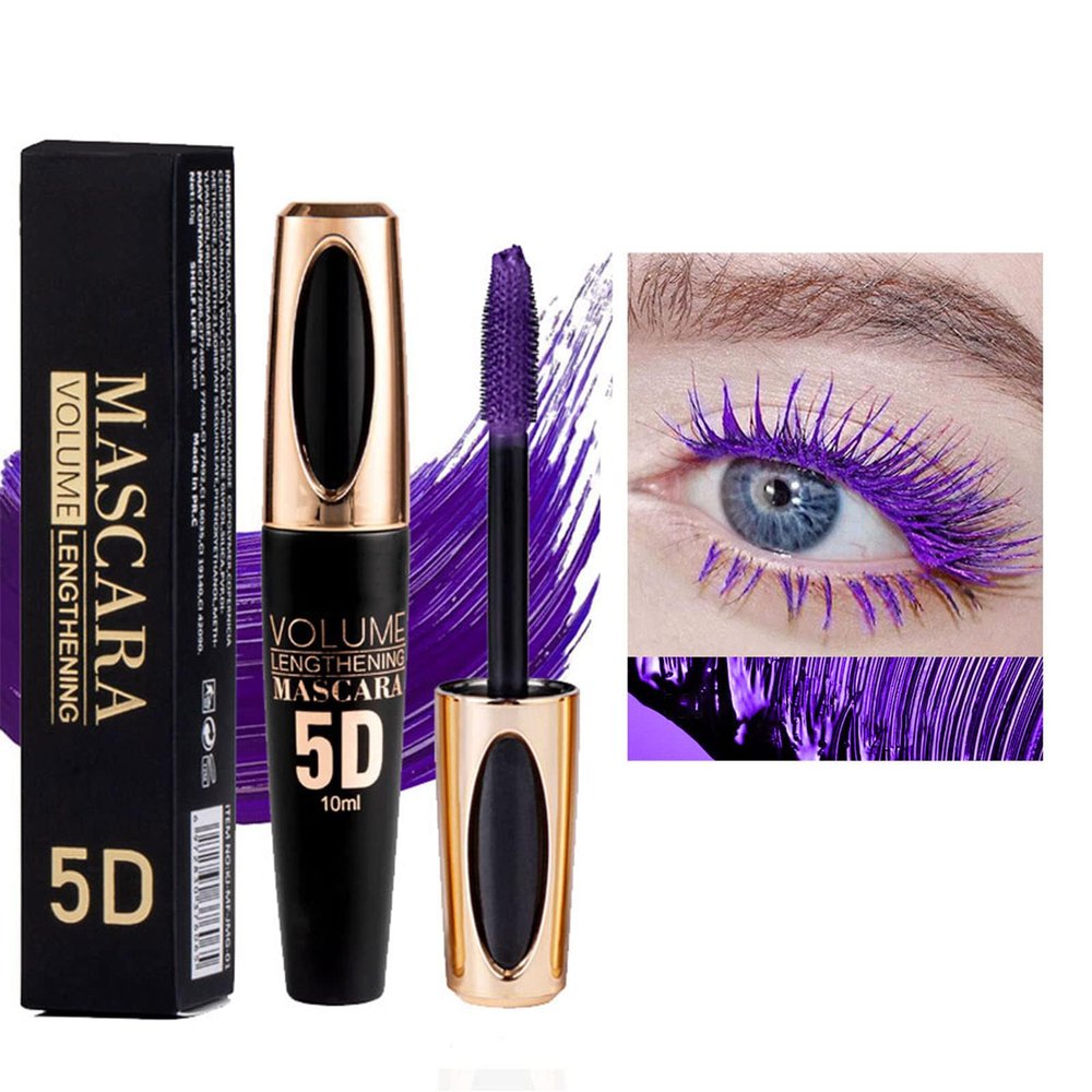 Purple Colored Waterproof Mascara - Long Lasting, Thick, 5D Silk Fiber, SmudgeProof, Volumizing, Lengthening, Curling, Washable, Party & Stage Use
