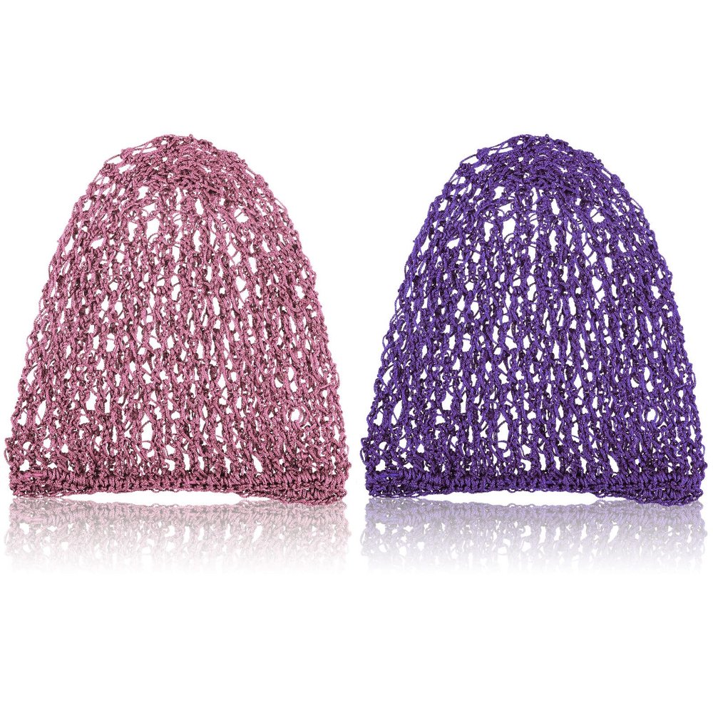 Waydress 2 Pieces Mesh Hair Net Rayon Knit Snood Women Crocheted Sleep Cap (Purple and Pink)