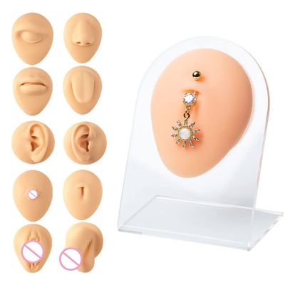 Silicone Piercing Practice Body Parts Displays Set Body Piercing Practice Model Simulation Human Ear Mouth Eye Tongue Navel Displays with Base for Jewelry Display Novice Piercer Hospital (Skin Color)