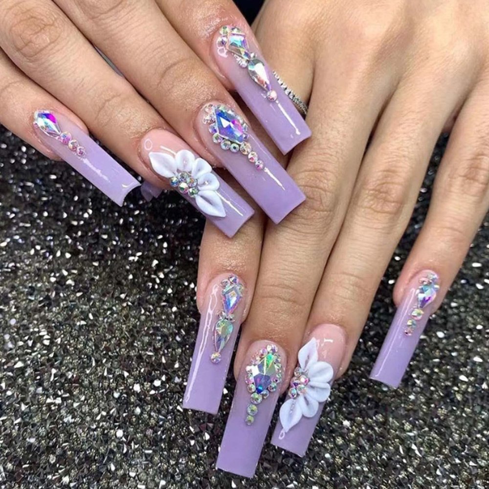 YoYoee Long Coffin False Nails Purple Gradient Press on Nails Daisy Fake Nails Acrylic Diamond Inlaid Manicure Nails Tips for Women and Girls 24PCS