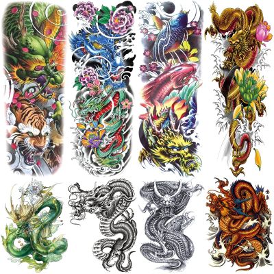 Realistic Dragon Temporary Tattoo Sleeve, 4-Sheet Full Arm Color Dragon Floral Fake Tattoo Sleeve Women Men Adult and 4-Sheet Large Flower Tiger Half Temp Tatoo Sticker Thigh Leg Makeup Body Art