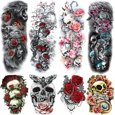 Rose Skull Temporary Tattoo Sleeve for Women Leg, 4-Sheet Full Arm Realistic Color Flower Skull Fake Sleeve Tattoo Adult Girl and 4-Sheet Large Floral Skeleton Half Temp Tatoo Sticker Thigh Body Art