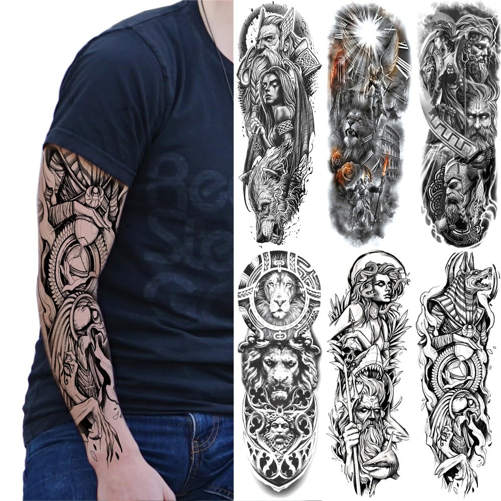 Realistic Greek Poseidon Temporary Tattoo Sleeves For Men, Full Arm Large Myth Ancient Warrior Lion Fake Sleeve Tattoo Adult Women, Black 3D Gladiator Wolf Temp Tatoo Sticker Leg Body Makeup, 6-Sheet