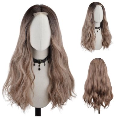 FREE BEAUTY Long Ombre Brown Wavy Wig for Women Middle Part Lace Front Curly Wavy Wig Natural Looking Synthetic Heat Resistant Fiber Wig for Daily Party Use 26 Inch