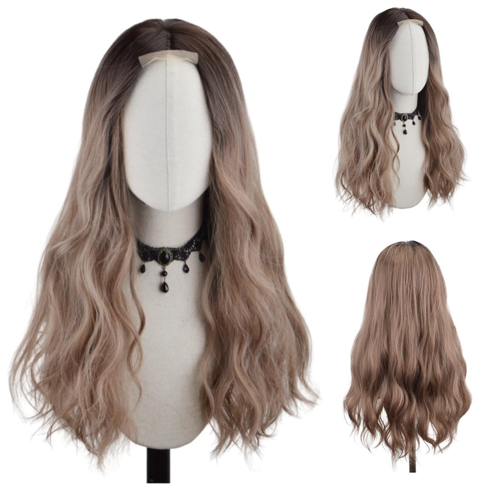 FREE BEAUTY Long Ombre Brown Wavy Wig for Women Middle Part Lace Front Curly Wavy Wig Natural Looking Synthetic Heat Resistant Fiber Wig for Daily Party Use 26 Inch