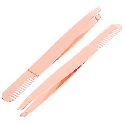 FRCOLOR 2pcs Stainless Steel Eyebrow Tweezers with Comb End Eyebrow Plucker for Women for Hair Removal Facial Hair and Brow Shaping Portable Beauty Tool in Rose Gold