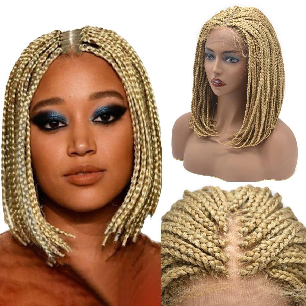 16" Short Length Box Braided wigs for Black Women Bob Style Lace Front Hand Braided wig with Natural Micro Twist Cornrow Baby Hair Synthetic Hair Wigs African American Womens Wig (#27/613M Blonde)
