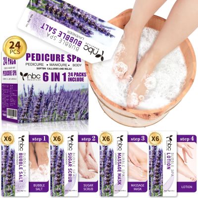nbc BeautiLab 24 PCS Foot Soak, Pedicure Kit Foot Soak Set With Bubble Salt, Sugar Scrub, Massage Mask, Massage Lotion In a Box 4 Step Foot Spa Kit For Dry Cracked Feet, Tired Feet, 6 Set Lavender