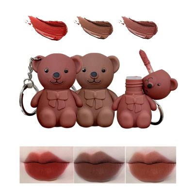 Keychain Bear Lipsticks, 2 in 1 Key Chain Bear Lipstick, Mist Matte Velvet Lipstick, Waterproof Long Lasting Lip Gloss, Cute Bear Beauty Makeup (#02+#05+#06)