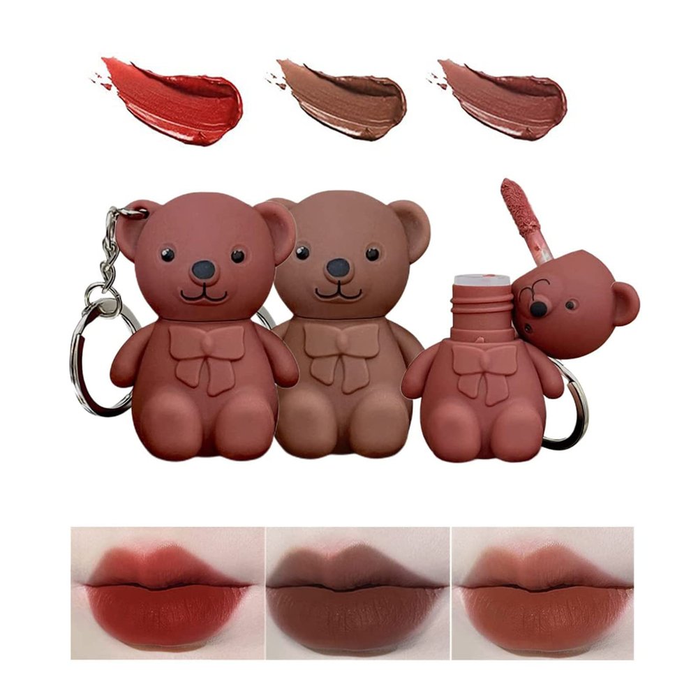 Keychain Bear Lipsticks, 2 in 1 Key Chain Bear Lipstick, Mist Matte Velvet Lipstick, Waterproof Long Lasting Lip Gloss, Cute Bear Beauty Makeup (#02+#05+#06)