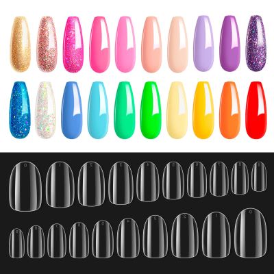 beetles Gel Polish Nail Set 20 Colors Rainbow Collection Green Pink Blue Glitter Nude Manicure Kit for Girls with Gelly Tips 500 Pcs Pre Shaped Short Oval Clear Full Cover False Nails