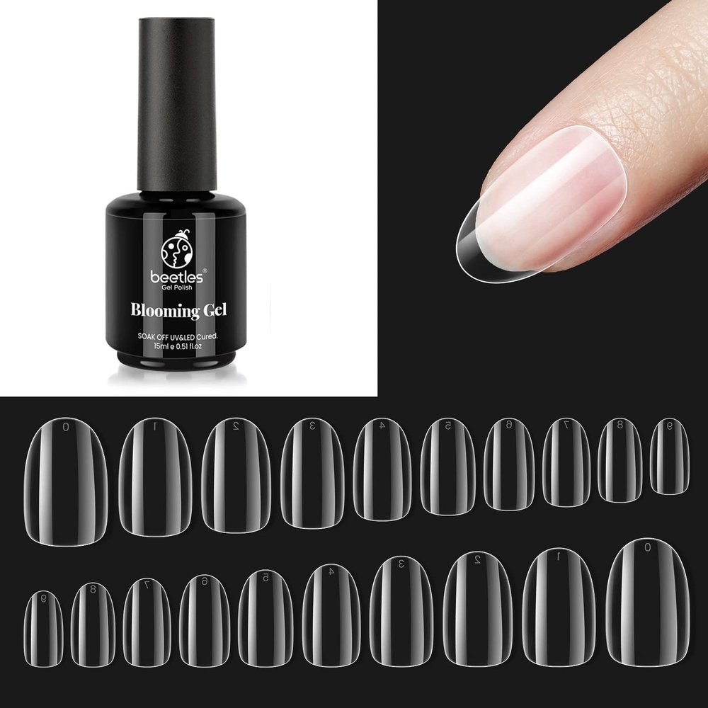 beetles Gel Polish Gelly Tips 500 Pcs Pre Shaped Short Oval Clear Full Cover False Nails Soak Off Easy Home Diy Manicure Extensions with No Wipe Top Coat - Shine Finish and Long Lasting