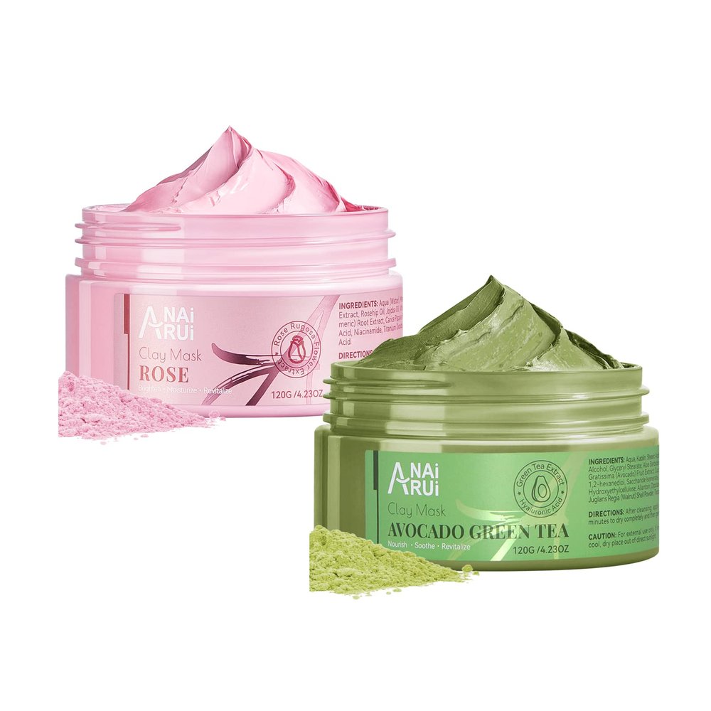 ANAI RUI Facial Mask Set with Pink Clay Mask+ Avocado Mask for Cleanse Pores, Moisturizng Skin, Radiance